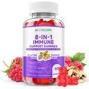 Gommies de soutien immunitaire – Suppléments à base de plantes de formule 8-en-1 avec Astragalus, Elderberry, Quercetin, Bromelain, Echinacea, Vitamine C, D3 et Zinc pour l'équilibre quotidien, Flaveur de framboises, 60 Compte
