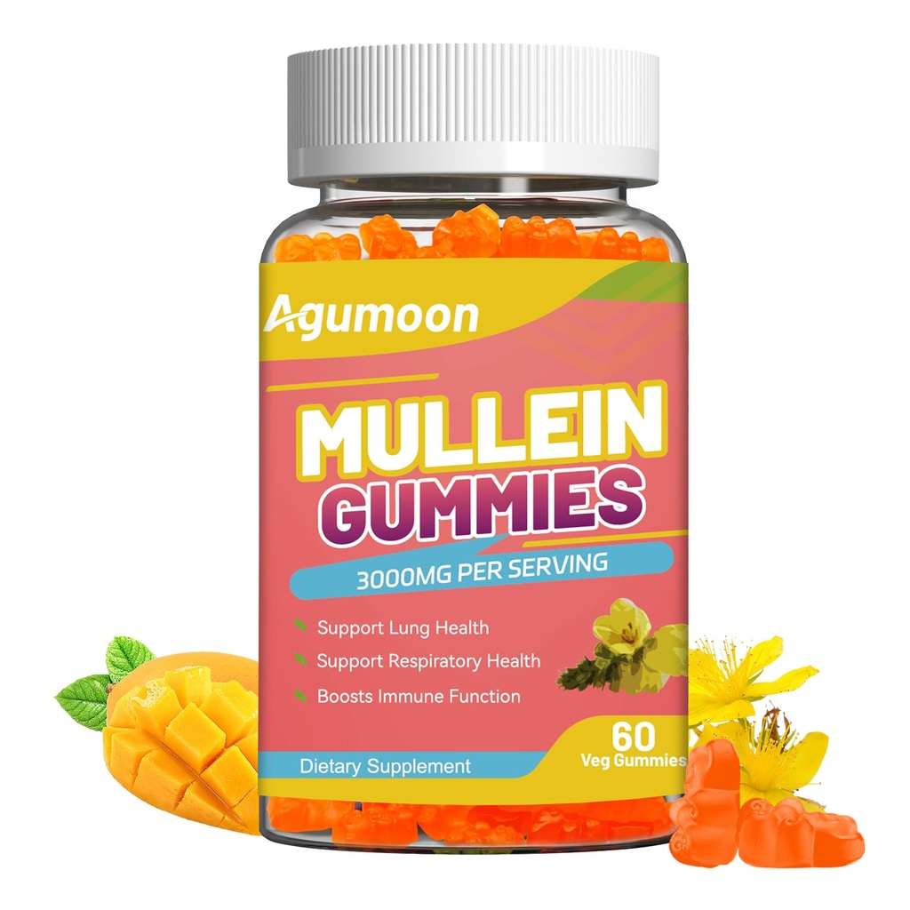 3000MG Mullein Gummies, Extra Strength Mullein Leaf Extract avec Quercetin, Bromelain pour Lung Detox & Immune Support, Mango Flavor, 60 Comte