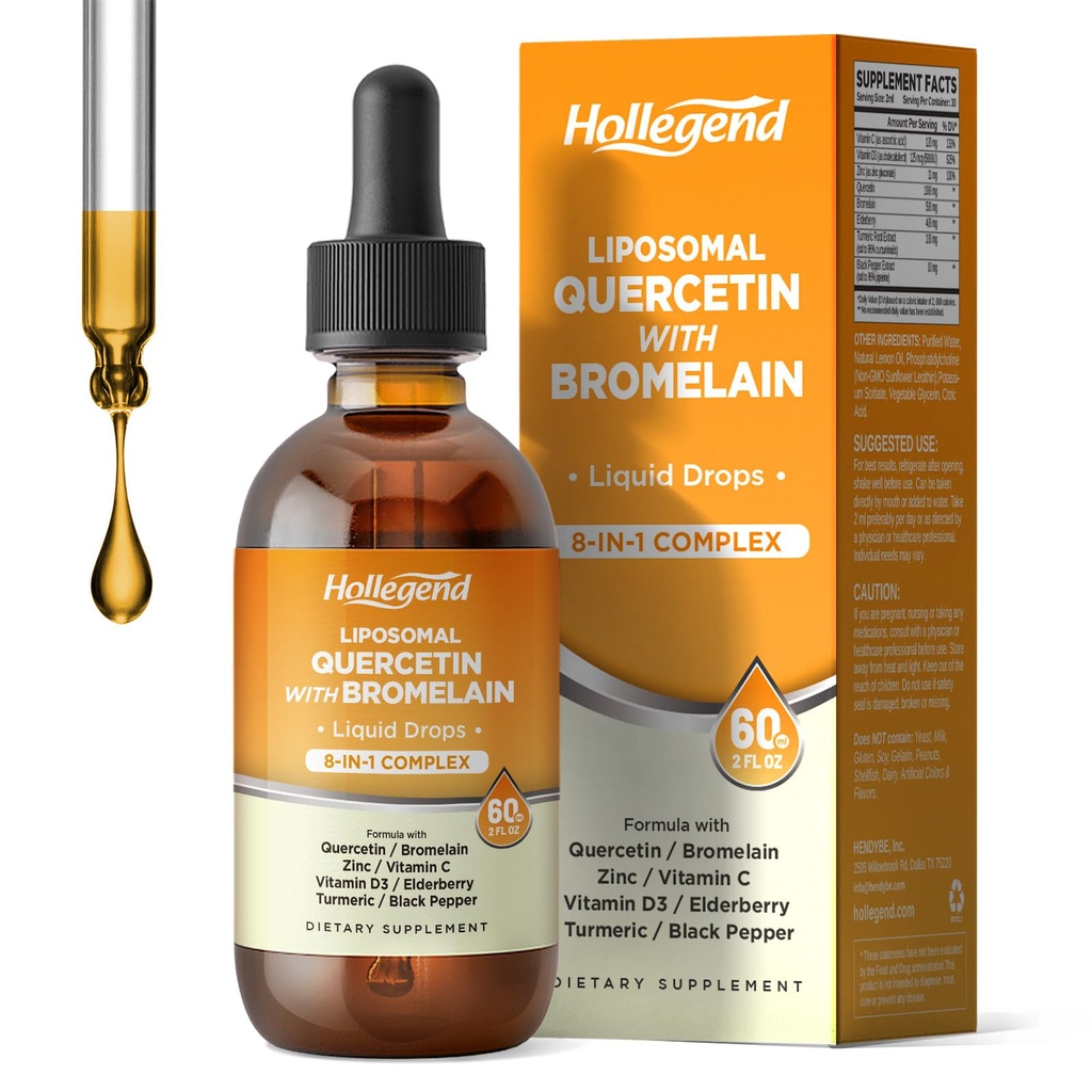 Liposomale quercetine met bromelaine vloeibare druppels, 8 in 1 biologische quercetine 1000 mg supplementen met bromelaine 500 mg, vitamine C, D3, zink, vlierbessen, kurkuma voor Immunity & Respiratory Health, 2 Fl Oz
