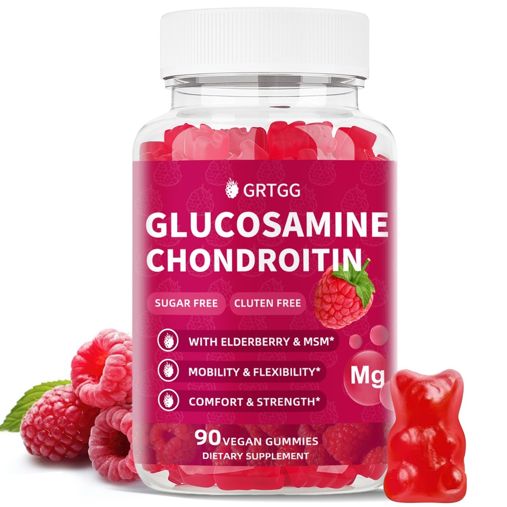 Glucosamine Chondroïtine Gommies avec MSM & Elderberry Extra Strength 3000MG - Soutien articulaire, Supplément de soutien immunitaire antioxydant pour adultes, hommes et femmes - 90 Gommies de framboises