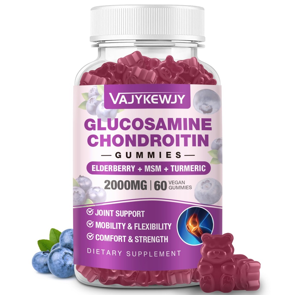 Suikervrij 2000mg Glucosamine Chondroïtine Gummies, Extra sterkte Glucosamine met Chondroïtine MSM & Kurkuma, Gezamenlijke Ondersteuning Supplement, Antioxidant Immuun Ondersteuning - 60 Gummies