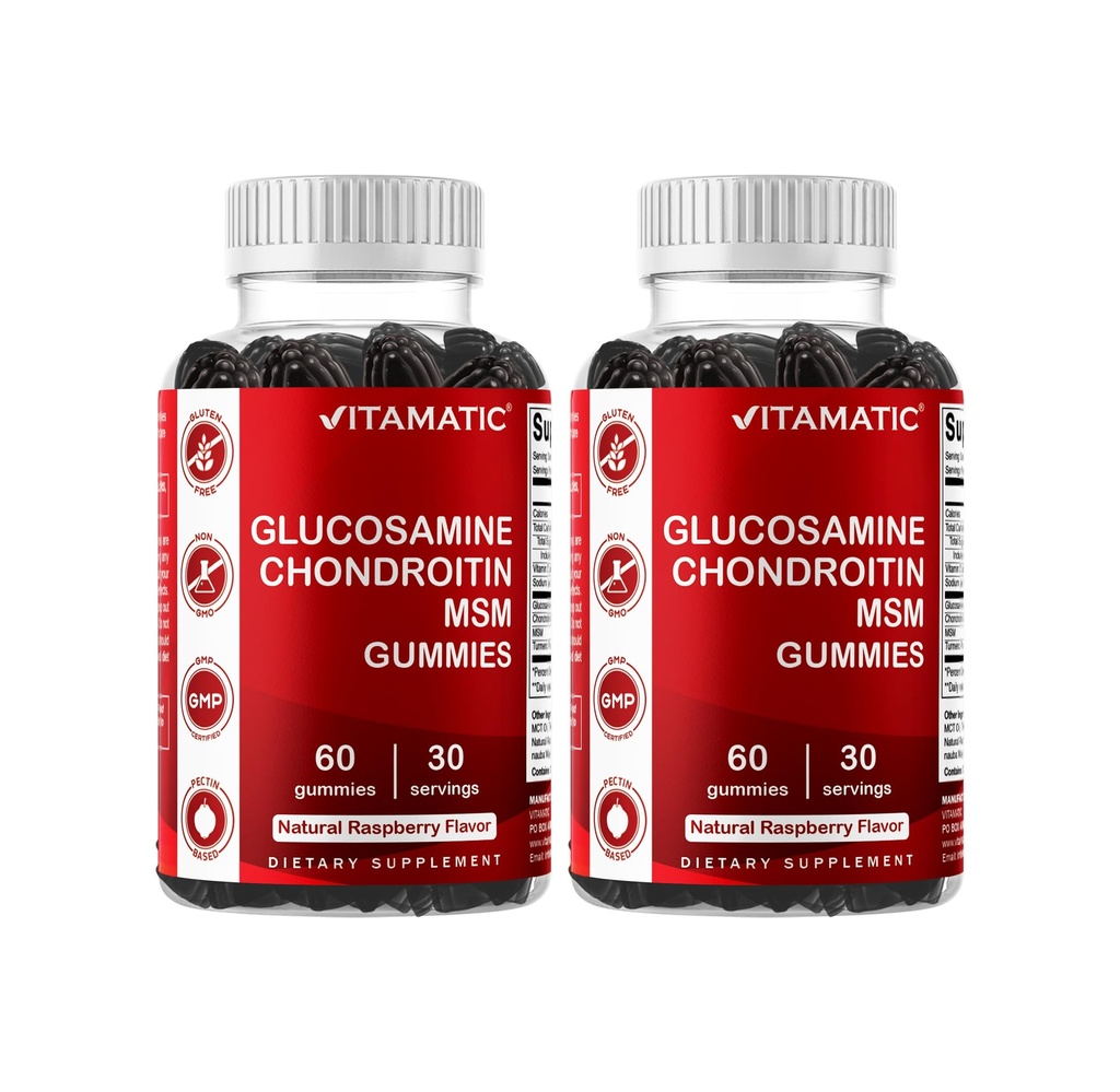 Vitamatic Glucosamine Chondroitin Gummies with MSM & Vitamin E – Joint Support – 60 Pectin-Based Gummies per Bottle – Pack of 2 (Total 120 Count)