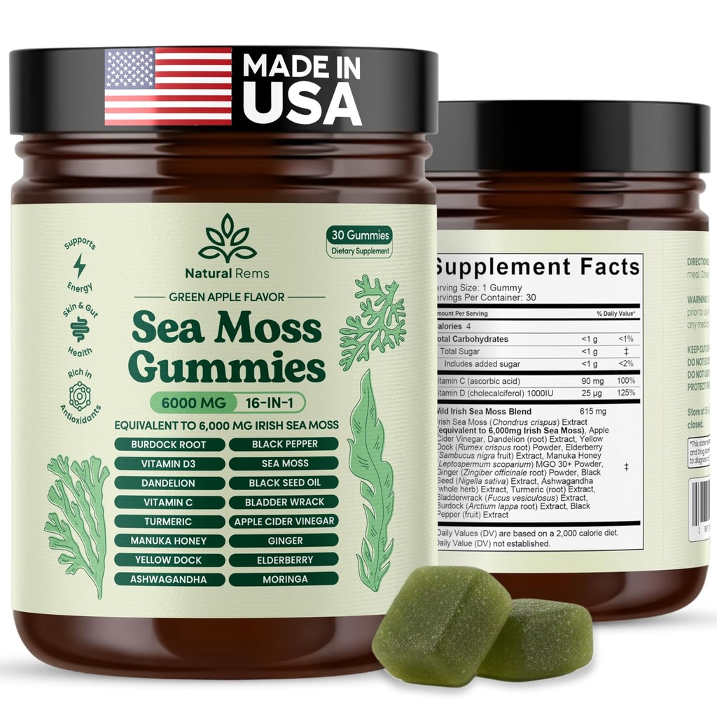 Natural Rems Sea Moss Gummies 16-in-1 - Ashwagandha Black Seed Oil Bladder Wrack Kurkuma Vitamine C & D3 met Manuka Burdock Root Dandelion Yellow Dock Vlierberry Apple Cider Vinegar (Green Apple)