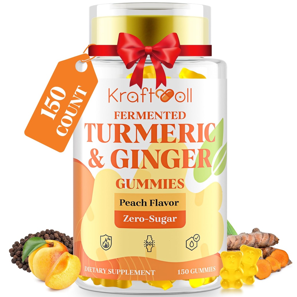 5 mois d'approvisionnement en curcuma et gingembre avec poivre noir, curcuma fermenté pour le confort et la mobilité articulaires, sans sucre avec vitamine D3 + K2, Saveur de pêche naturelle – 150 gommies