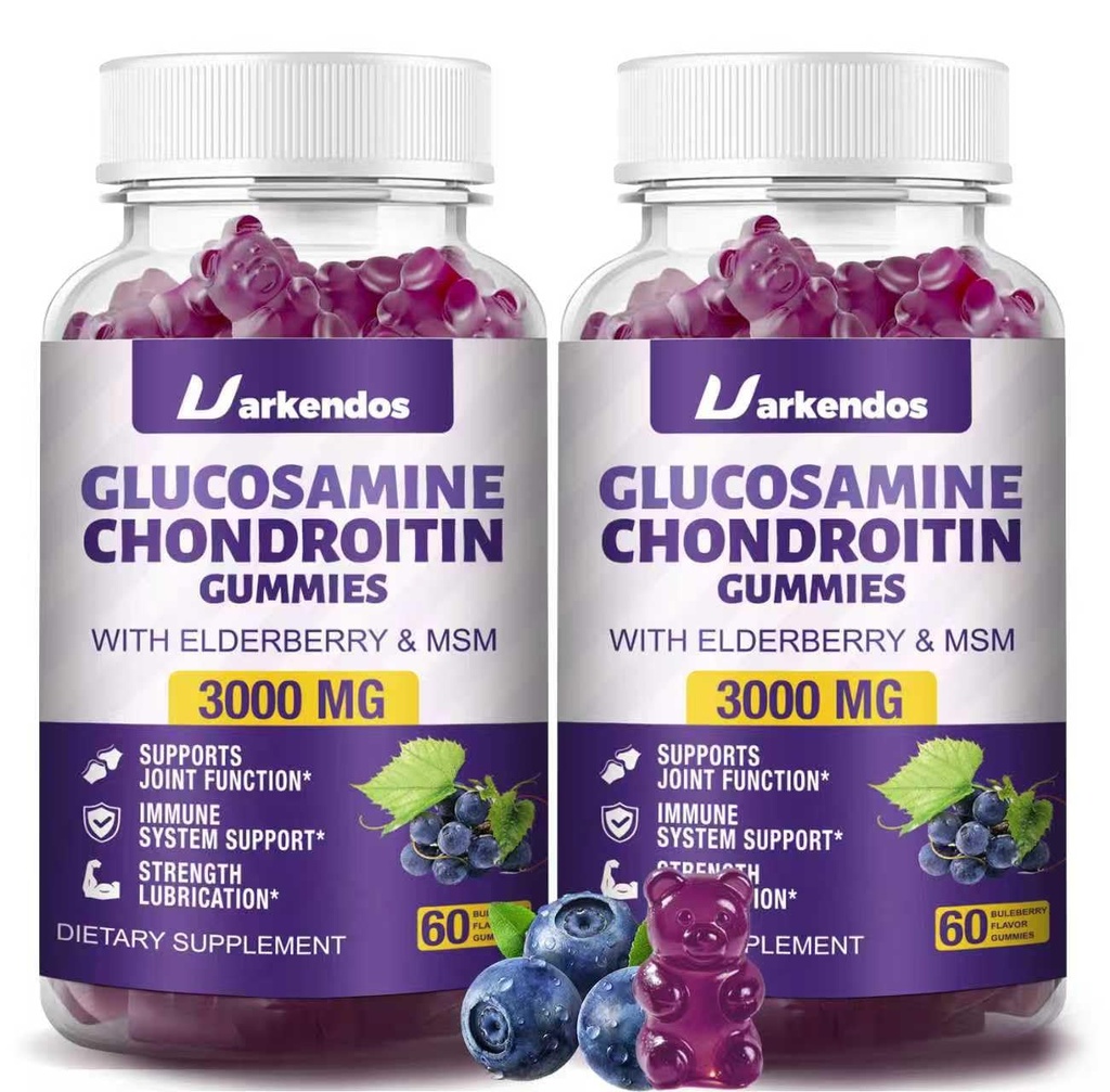 2 Packs 3000MG Glucosamine Chondroïtine Gommies avec MSM & Elderberry Extra Strength - Joint Support, Antioxydant Immmune Supplément Support pour Adultes, Hommes & Femmes - 120 Blueberry Gommies