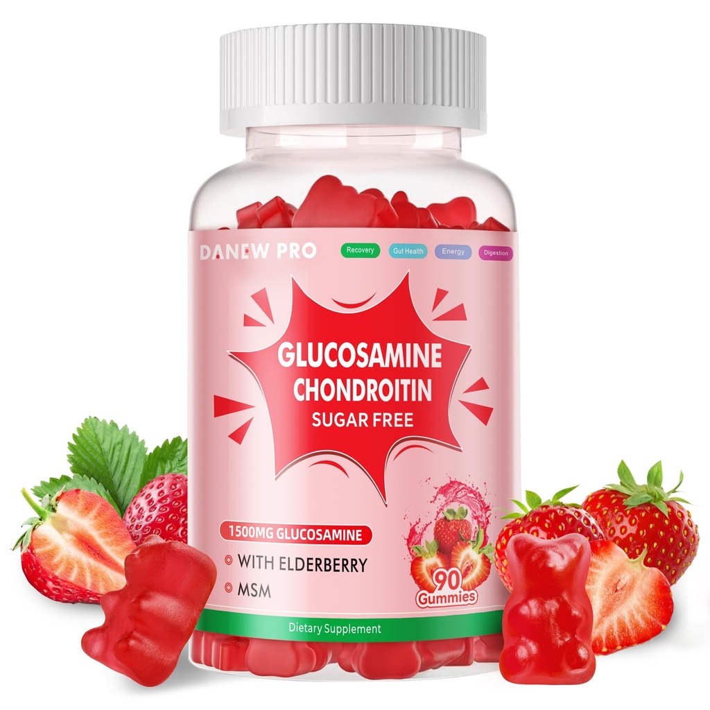 Danew Pro Glucosamine Chondroitin Gummies met MSM & Vlierbes Extra sterkte - Gezamenlijke ondersteuning, Antioxidant Immuun Ondersteuning Supplement voor volwassenen, mannen & vrouwen 90 Aardbei Gummies
