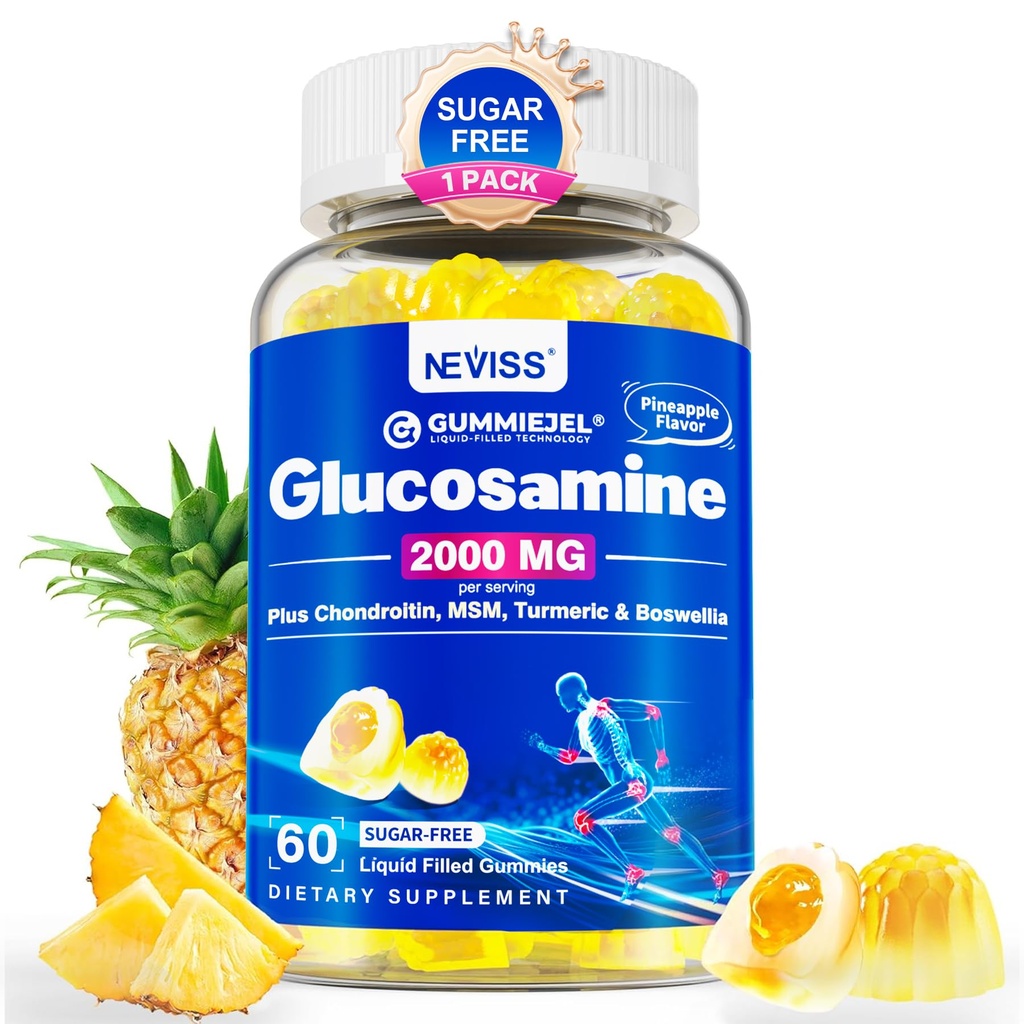 Suikervrij Glucosamine Chondroitin MSM Gummies - Max Strength Mobility Supplement for Women & Men w/ Glucosamine Sulfate 2000mg, Boswellia, Curcuma & Hyaluronic Acid - Flexibiliteitsondersteuning - 60Cts