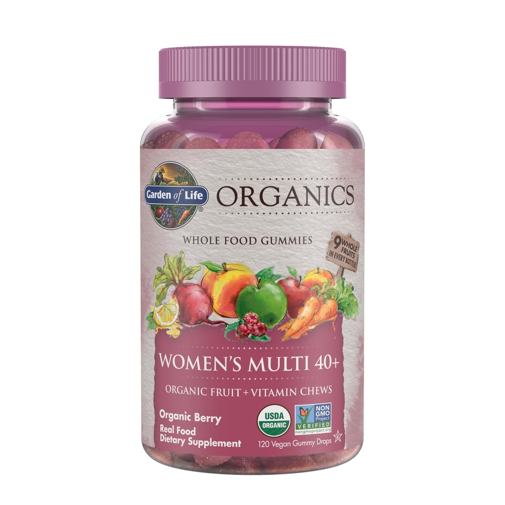 Tuin van het leven Organics Vrouwen 40+ Gummy Vitaminen - Berry - Certified Organic, Non-GMO, Vegan, Kosher Complete Multi - Methyl B12, C & D3 - Gluten, soja & Dairy Free, 120 Real Fruit Gummies