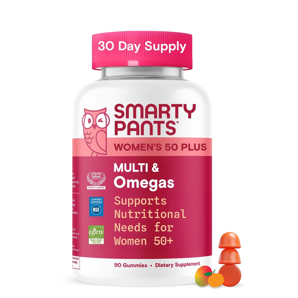 SmartyPants Multivitamine Gummy voor vrouwen 50 en ouder, Omega 3 (DHA/EPA), Methylfolaat, CoQ10, Vitamine D3, C, Vitamine B12, B6, A, K, Biotine, Glutenvrij, 90 Tel (30 dagen levering)