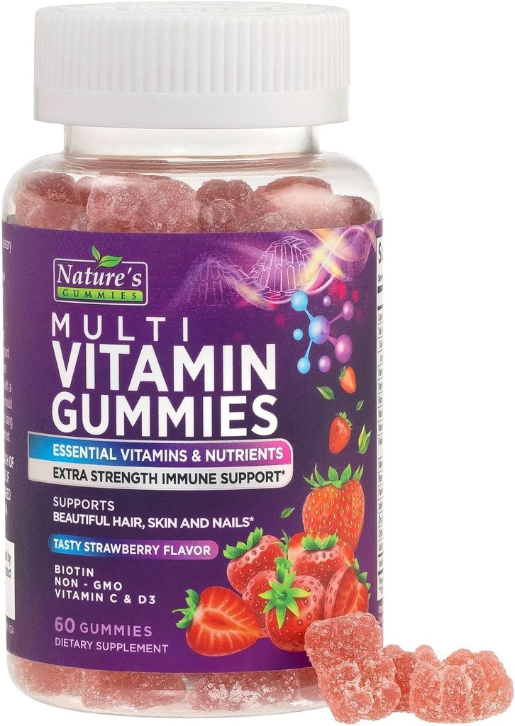 Gommies multivitamines pour adultes - Gommy multivitamines complètes pour les femmes et les hommes - Vitamines et minéraux essentiels avec les vitamines A, C, D, E et haute puissance B12 - Multivitamines multivitamines Gommy végétariennes - 60 Gommy