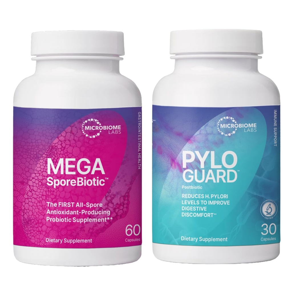 Microbiome Labs MegaSporeBiotic Spore-Based Probiotica (60 capsules) + PyloGuard Postbiotic L. reuteri DSM 17648 Supplement to Promote The Body