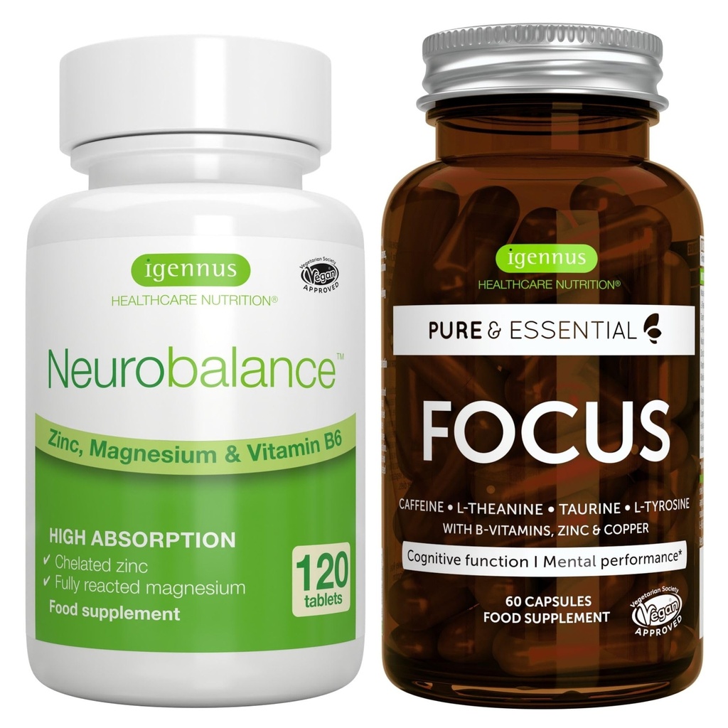 Neurobalance + Focus Brain Booster Groupe végétalien, haute absorption de zinc Magnésium et B6 + caféine, acides aminés et vitamine B méthylée, par Igennus