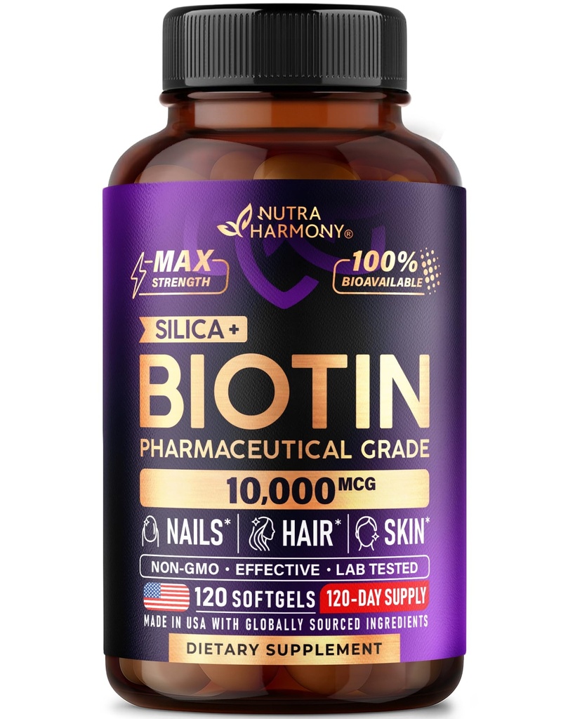 Biotine 10000mcg avec silicone - Supplément Biotine de qualité pharmaceutique pour les femmes - Soutien de la croissance des cheveux, de la peau et des ongles - Max Strength & 100% Biodisponibilité - Fabriqué aux États-Unis - 120 Softgels, 120 jours d'approvisionnement