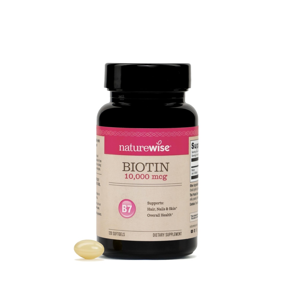 NatureWise High Potency Biotin 10 000 mcg Softgels - Biotin pour la croissance des cheveux femmes et hommes + Skin & Nails Support - Non-OGM, États-Unis Fabriqué - 120 Softgels[120 jours d'approvisionnement]