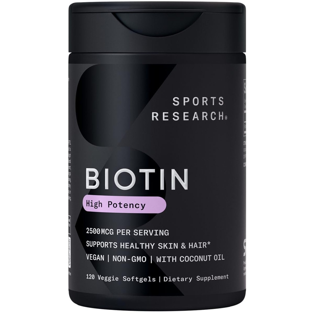 Sports Research® Biotine 2 500mcg à l'huile de noix de coco biologique - Biotine (Vitamine B7) pour une peau et des cheveux sains* - pour les femmes et les hommes - Vegan, non OGM, sans gluten et sans soja - 120 softgels veggie