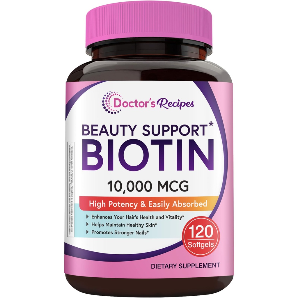 Recettes du docteur Biotin 10 000mcg, Vitamine B7 haute puissance pour cheveux, peau et ongles, non-OGM, solutions optimales Vitamine capillaire avec biotine, pour les femmes et les hommes, 120 Softgels