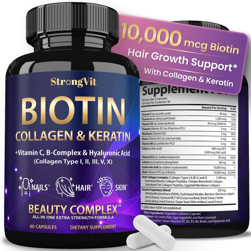 StrongVit Biotine met hyaluronzuur, keratine en collagen supplementen - 10000mcg voor haargroei vrouwen en mannen - haar huid en nagels vitaminen - 60 capsules