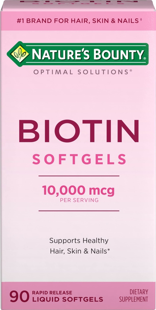 Nature's Bounty Biotin 10000mcg Supplement, Ondersteunt gezond haar, huid en nagels, optimale oplossingen haar vitamine met biotine, 90 Rapid Release vloeibare softgels