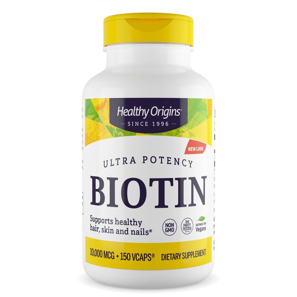 Gezonde oorsprong Biotine 10.000 mcg (USP-graad, niet-GMO, Glutenvrij, Haarondersteuning, Nagelondersteuning), 150 Veggie Caps