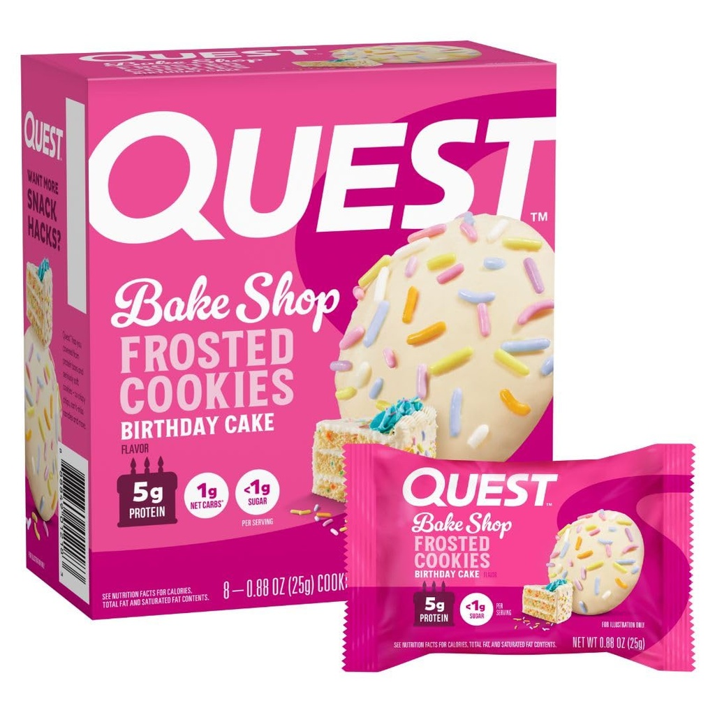 Quest Nutrition Frosted Proteine Cookies, Birthday Cake, <1g Sugar, 5g Proteïne, 1g Net Carbs, Glutenvrij, 8 Cookies