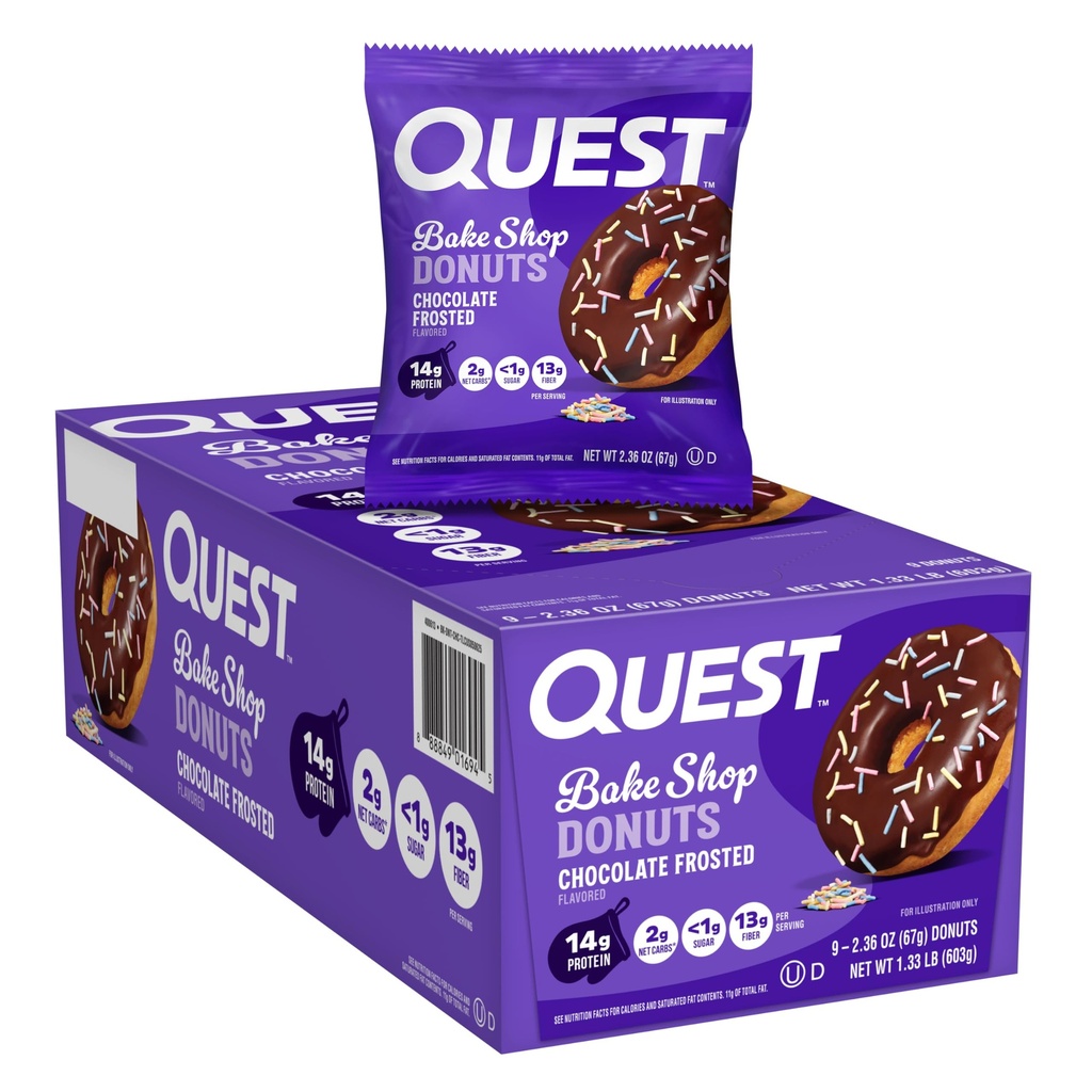 Quest Nutrition Bake Shop, Chocolate Frosted Donuts, 14g Protein, Less than 1g Sugar, Protein Snack, Low Sugar, 9 Count