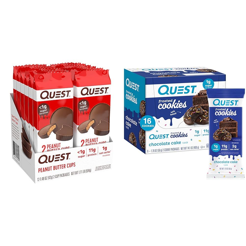 Quest Nutrition High Protein Peanut Butter Cups 12 Count & Chocolate Cake Frosted Cookies Twin Pack, Glutenvrij