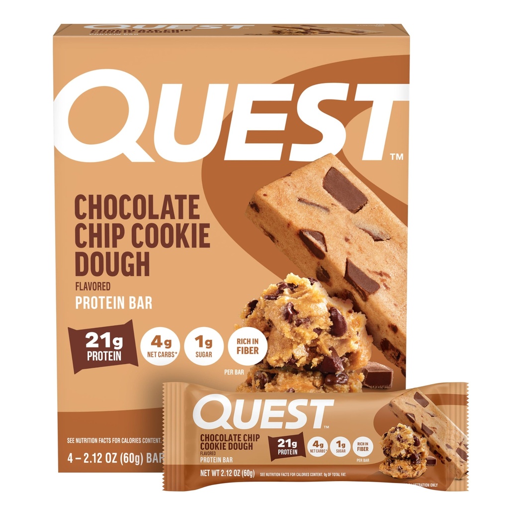 Quest Nutrition Chocolate Chip Cookie Deeg Proteïne Bars, 21g Proteïne, 4, Net Carbs, 1g Suiker, Hoge Vezel, Glutenvrij, Keto Vriendelijk, 4 Tellen