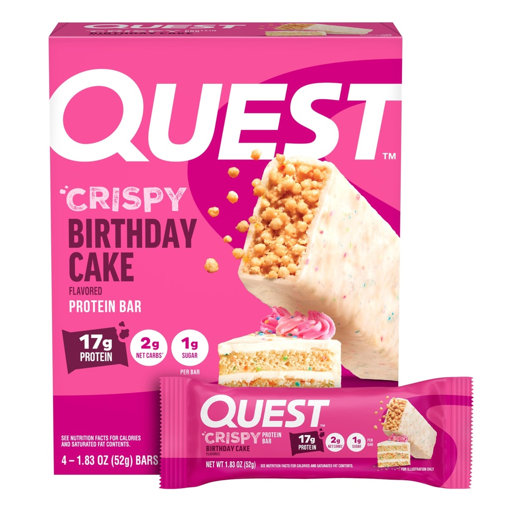 Quest Nutrition Crispy Birthday Cake Protein Bar, 17g Proteïne, 1g Suiker, 2g Net Carbs, Glutenvrije Proteïne Snack, Keto Vriendelijk, 4 Tellen