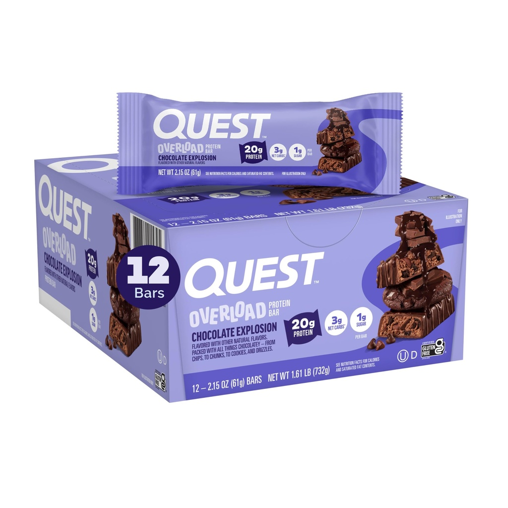 Quest Nutrition Overload Proteïne Bars, Chocolade Explosie, 20g Proteïne, 1g Suiker, 3g Net Carbs, Glutenvrij, 12 Tellen