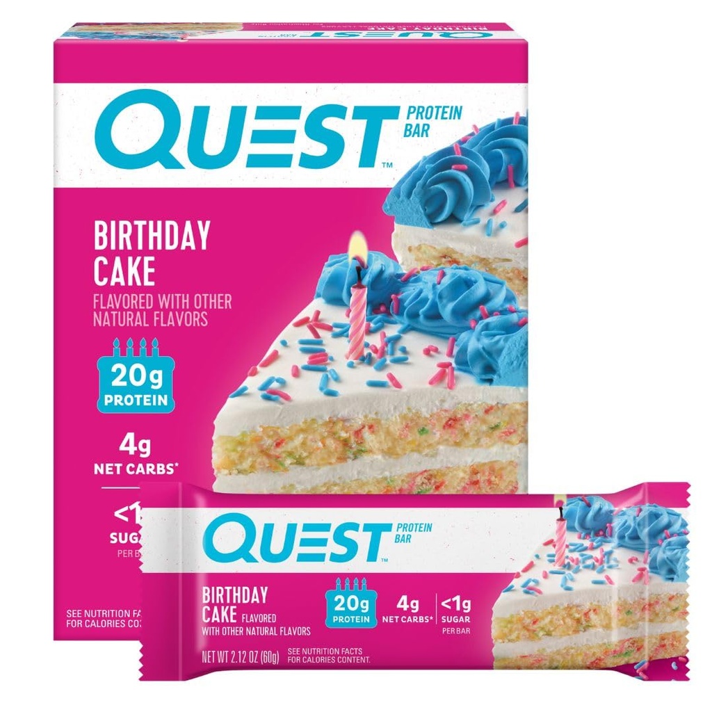 Quest Nutrition Verjaardag Cake Proteïne Bars, 20g Proteïne, 4g netto Carbs, 1g Suiker, Glutenvrij, Keto Vriendelijk, 4 Tellen