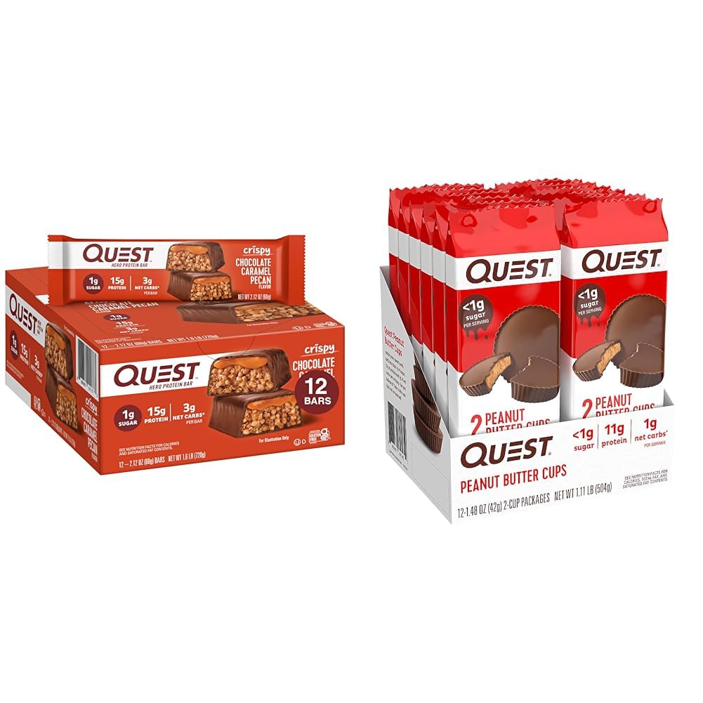 Quest Nutrition Crispy Chocolate Caramel Pecan Hero Proteine Bar, 15g Proteïne, 1g Suiker en hoog eiwit Lage Carb, Glutenvrij, Keto Vriendelijk, Pindakaas Bekers, 12 Tel.