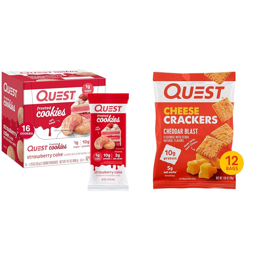 Quest Nutrition Biscuits congelés Twin Pack, Cake aux fraises, 1g de sucre, 10g de protéines, 2g de glucides nets et de crackers au fromage, Cheddar Blast, haute protéine, faible glucides, fait avec du vrai fromage, 12 Ct