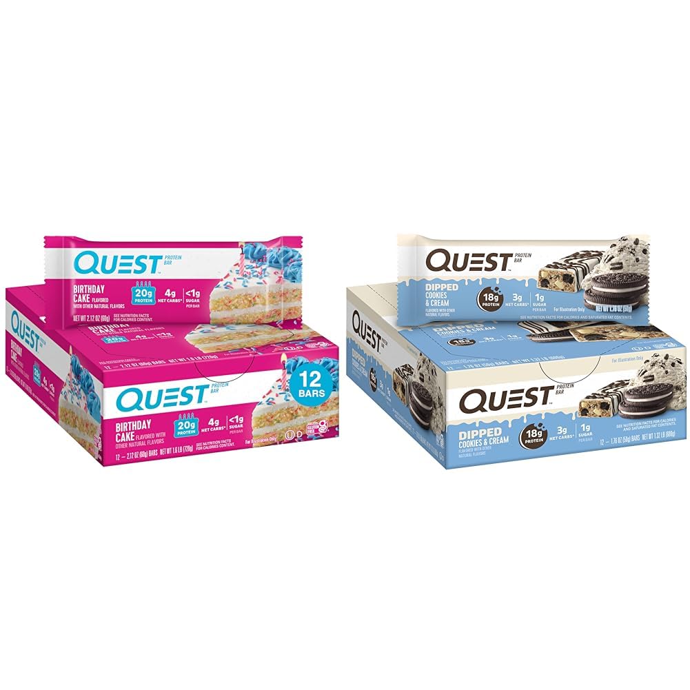 Quest Birthday Cake & Cookies & Cream Dipped Protein Bars, hoog eiwit, glutenvrij, Keto vriendelijk, 12 Tellen elk