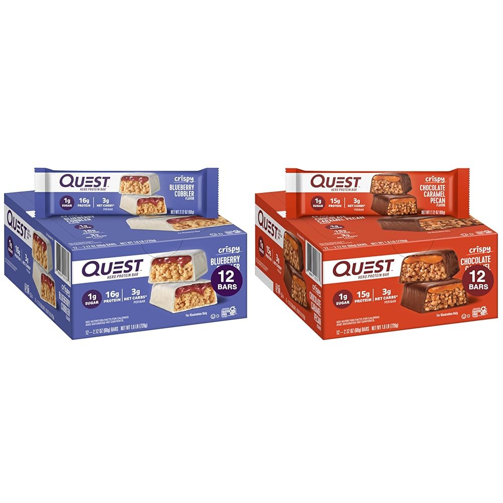 Quest Nutrition Crispy Blueberry Cobbler & Chocolate Caramel Pecan Hero Protein Bars, 16g & 15g Proteïne, 1g Suiker, 3g Net Carb, Glutenvrij, Keto Vriendelijk, 12 Count Bundle