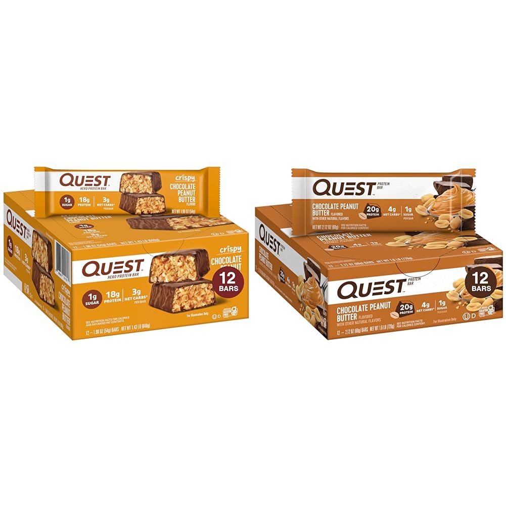 Quest Nutrition Crispy Chocolate Peanut Butter Hero Proteine Bar, 18g Proteïne en Chocolade Pindakaas Bars, Hoog Proteïne, Low Carb, Glutenvrij, Keto Vriendelijk, 12 Tellen
