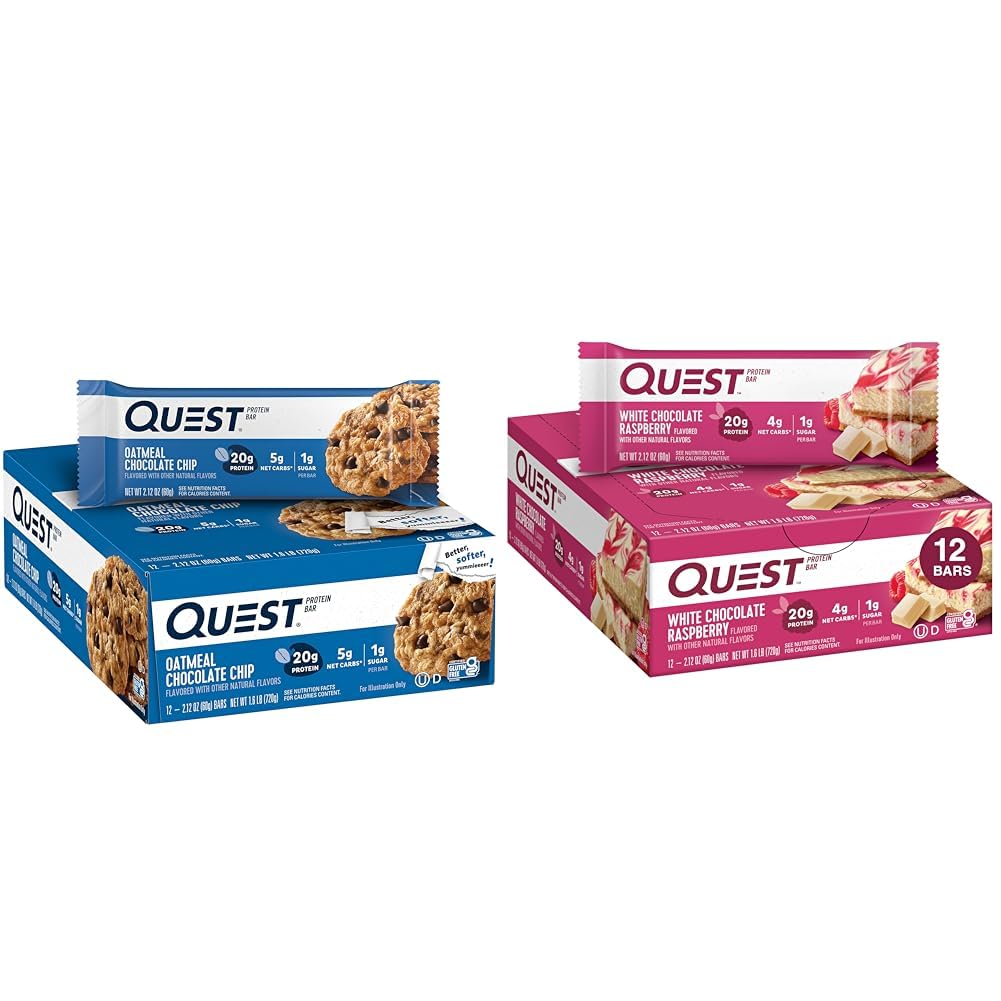Quest Nutrition Havermout Chocolade Chip Proteïne Bar, hoog eiwit, lage Carb, Glutenvrij & White Chocolate Raspberry Proteïne Bars, hoog eiwit, lage Carb, Glutenvrij