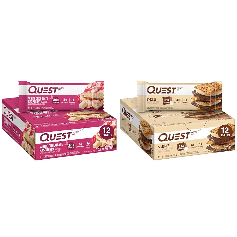 Quest Nutrition White Chocolate Raspberry Proteine Bars, High Protein, Low Carb, Glutenvrij, Keto Vriendelijk, 12 Tellen & S'mores Proteine Bar, Hoog Proteïne, Low Carb, Glutenvrij, Keto Vriendelijk, 12 Tellen