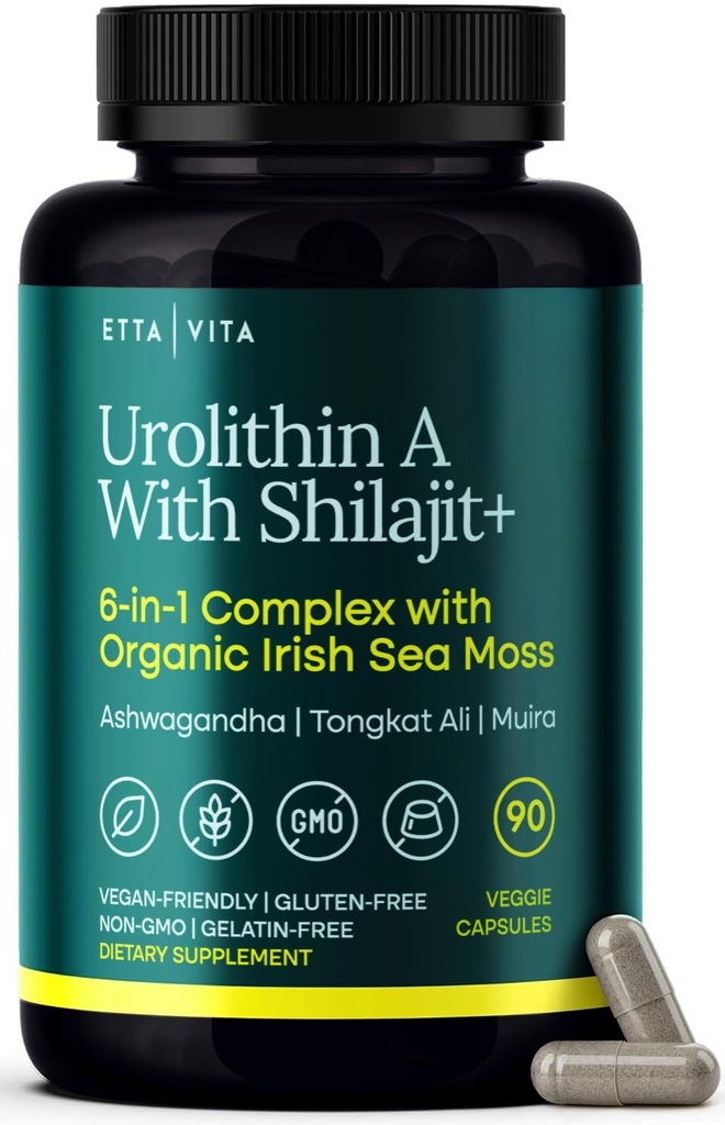 Urolithin-A Complex w Shilajit, Bio Sea Moss, Ashwagandha & Tongkat Ali, Énergie naturelle, Libido, Hormone Balance, et Focus pour les hommes et les femmes (Made in USA - 3rd Party Tested)