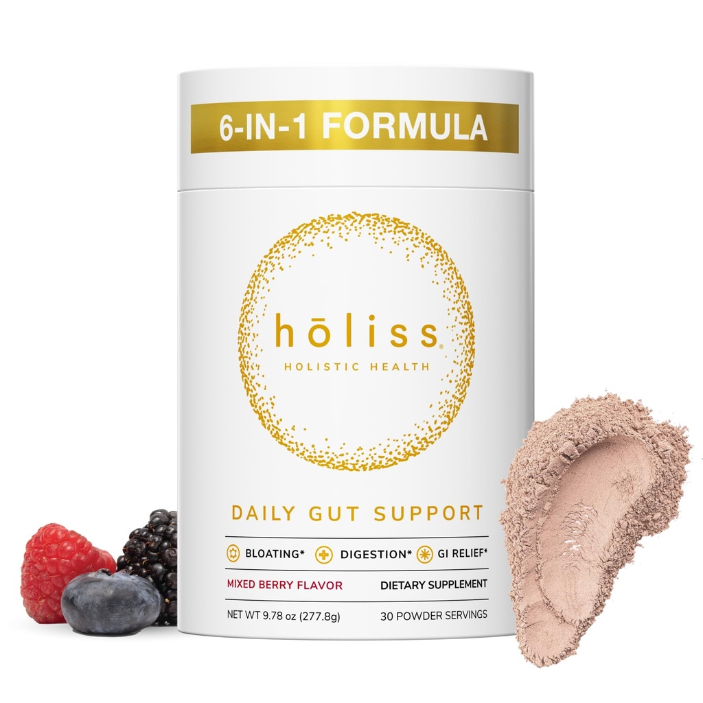 Poudre quotidienne de santé Gut 6-en-1 All Natural Supplement, Elm slipery, L Glutamine, Baume de citron avec PepZinGI - Bloat & Gas Relief, GI Lining Repair, IBS Support - Berry mixte, 30 portions