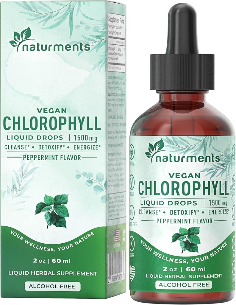 Naturments Chlorofyl Liquid Drops: - Natural Deodorant, Immune Support, Energy Boost - Clorofila Concentrate with Organic Peppermint Oil - 30 Servings, 60 Ml