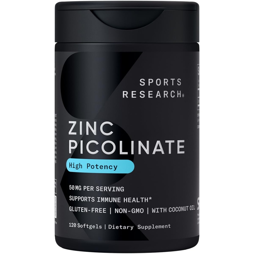 Sport Onderzoek Hoge Potentie Zink Picolinaat 50 mg met biologische Kokosolie Zeer absorberende Zink Supplement voor gezonde immuun- en enzymfunctie - niet-GMO Getest & Glutenvrije (120 Liquid Softgels)