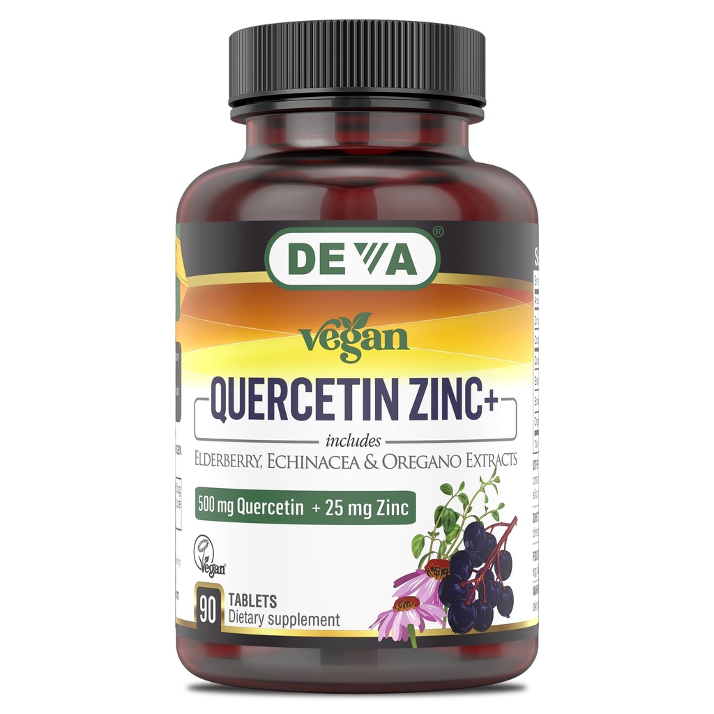 DEVA Vegan Quercetin 500mg Plus 25mg zink met vlierbessen, echinacea en Oregano extracten -Geen dierlijke ingrediënten - 90 tabletten, 1-pack
