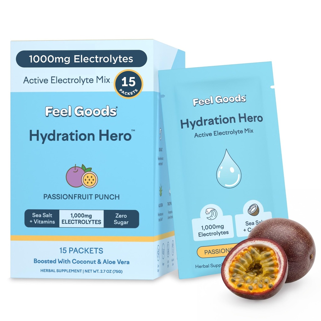 Feel Goods Hydration Hero, 1000mg Electrolytes Powder, Sugar Free, Magnesium, Organic Aloë Vera, L Theanine, Vitamine C & B12, Keto, Vegan, Electrolyte Packets, Passion Fruit Punch, 15 Tel.