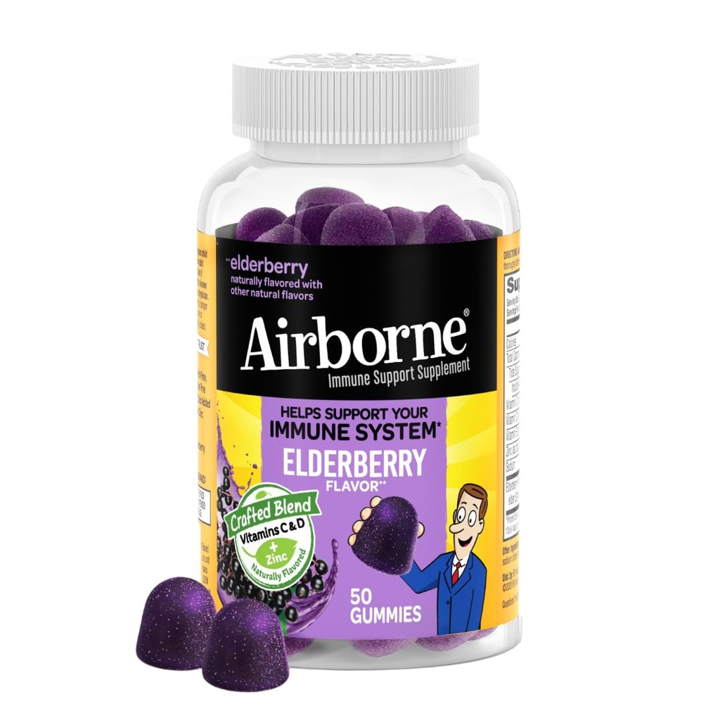 Gummées airportées de baies aînées + zinc et vitamine C pour adultes, crèmes immunosupportantes Gummées Vitamine D et zinc avec des vitamines antioxydantes puissantes C D et E - 50 Gummées, saveur de mûrier