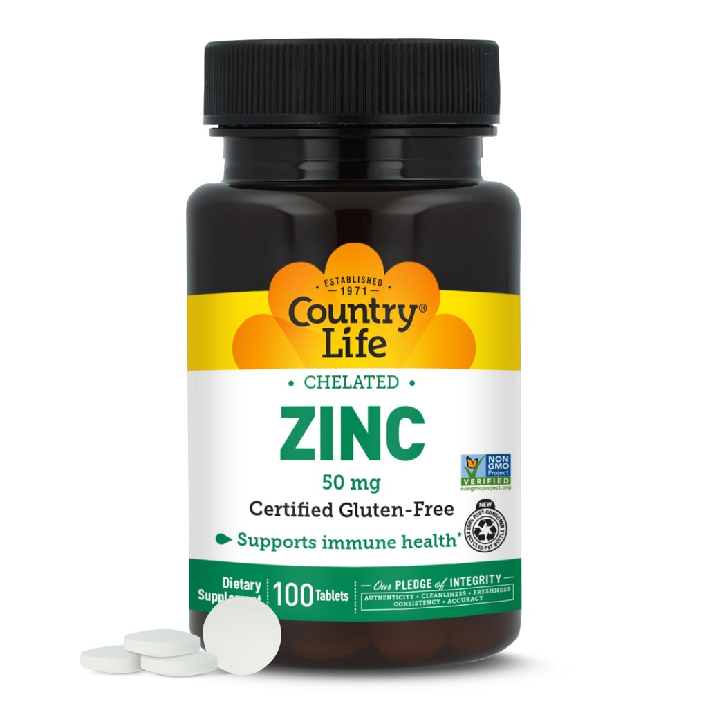 Country Life Chélaté Zinc 50 mg - Certified Gluten-Free & Vegan Immmune Support Supplément, améliore l'absorption de zinc, soutient le corps Production de protéines et santé cellulaire, 100 comprimés végétariens