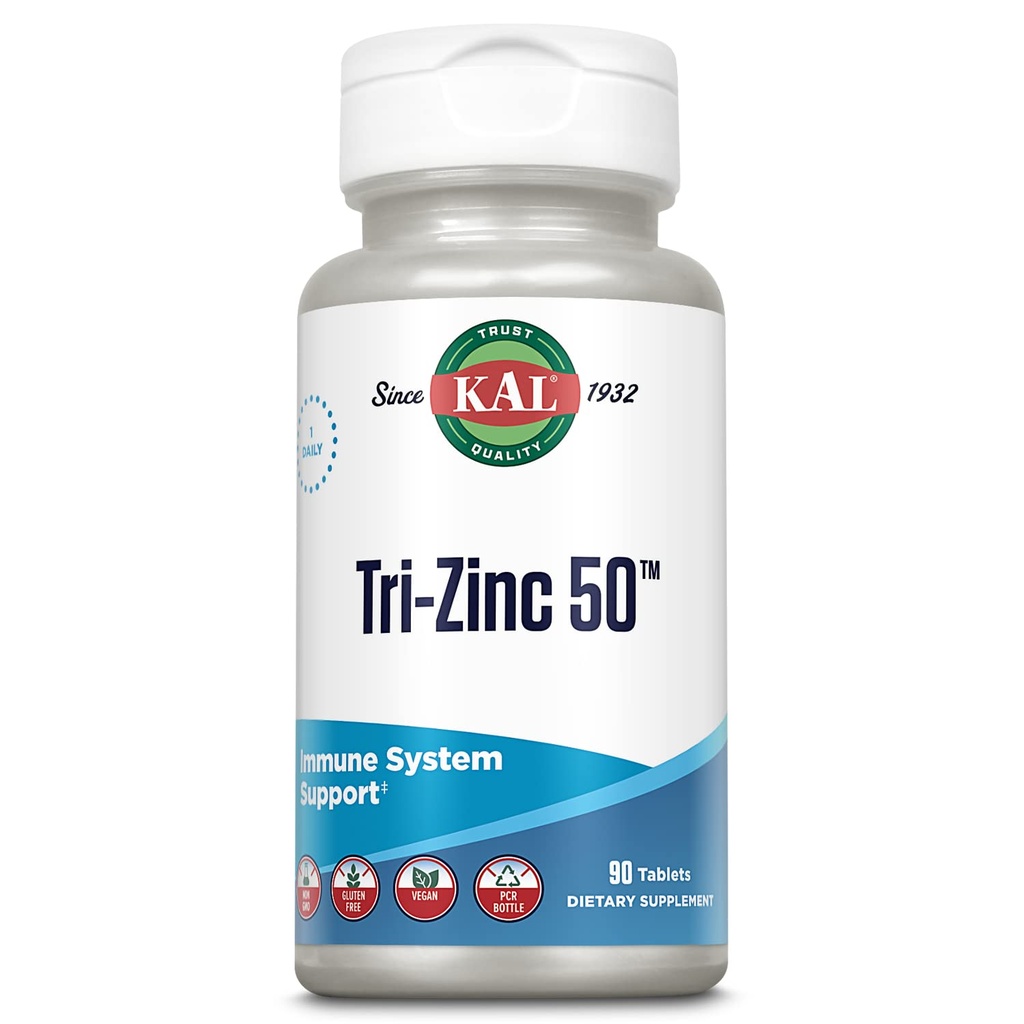 KAL Tri Zink 50mg w/Citraat, Aminozuurchelaat en Picolinaat, Gezond Metabolisme- en Immuunondersteuningssupplement, Veganistisch, Glutenvrij, Niet-GMO, 60 dagen garantie, 90 porties, 90 tabletten