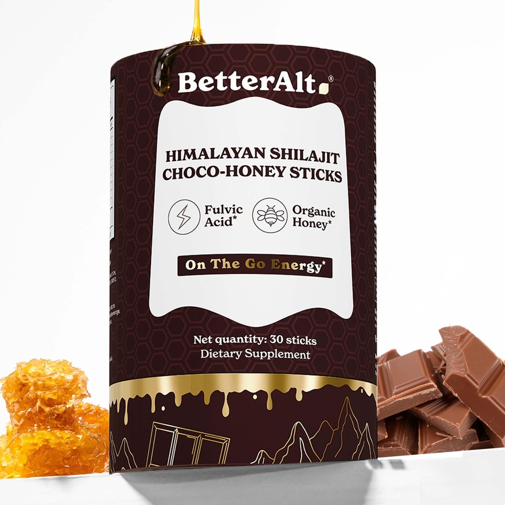Beter Alt Chocolate Shilajit Honing Sticks 75% Fulvic Acid & 85+ Trace Minerals Chocolate-Infused Raw Honey Himalaya Shilajit Energy Booster 30 Sticks Natural Stamina & Endurance Support