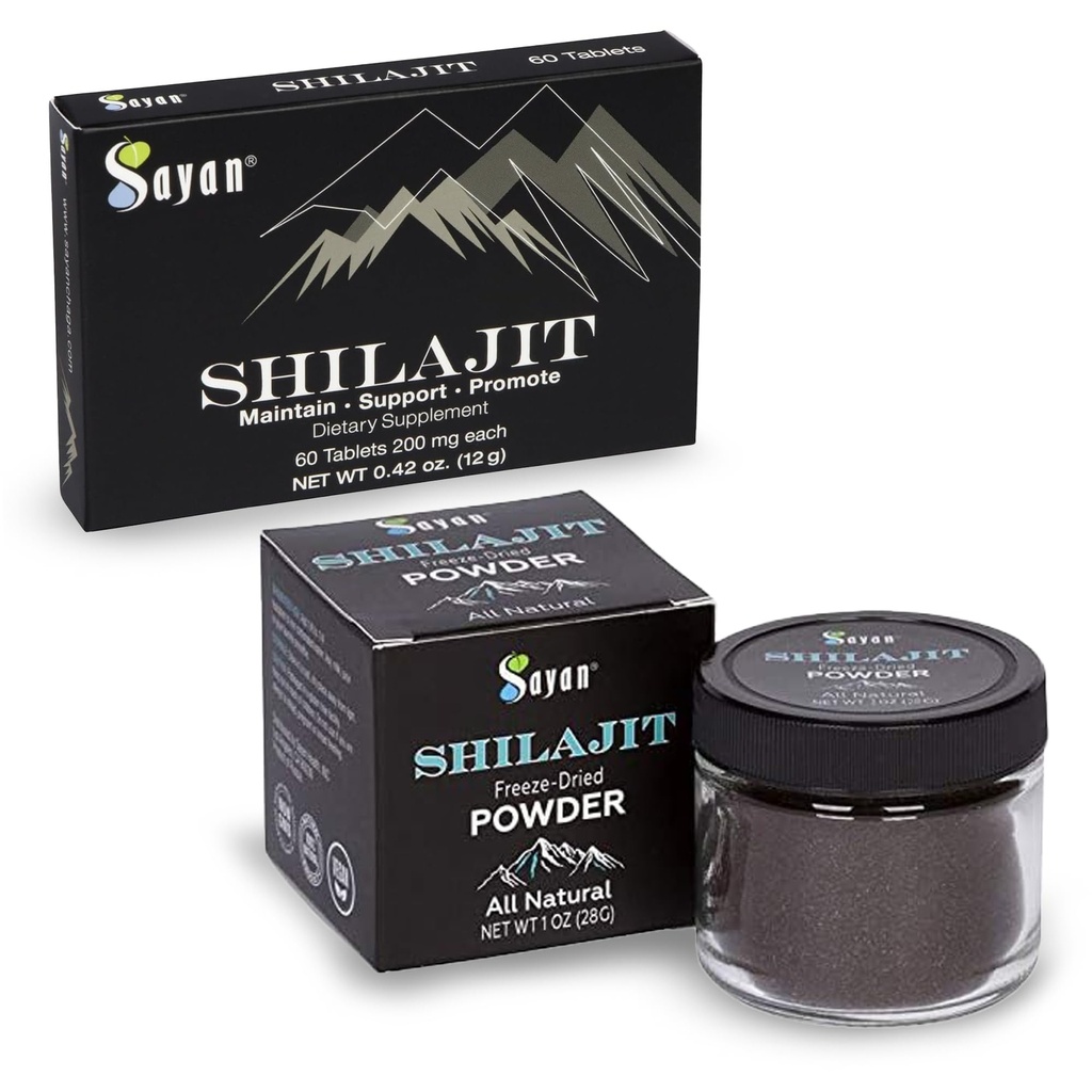 Sayan Shilajit Pure Organic Black Resin Trace Mineral Tablets & Pure Organic Shilajit Extract Freeze-Dry Powder Bundle - Immune Support, Detox, Energy Boost (1 maand levering)