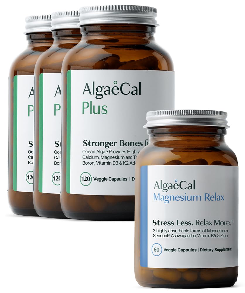 ALGAECAL supplément de calcium d'algues rouges organiques pour la densité et la force osseuses, vitamine K2 MK7, vitamine D3, magnésium et minéraux traces, 120 capsules de légumes Magnésium RelaxTM (60 capsules)