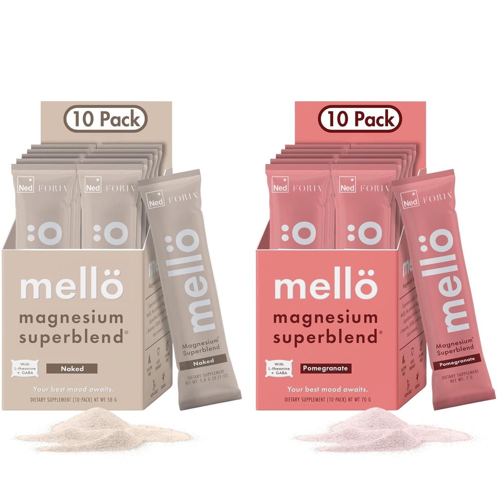 mellö Magnesium Superblend Bundle - Granaatappel & Unflavored - Magnesium Glycineer met L-Theanine, GABA & Trace Minerals - Ondersteunt Slaap, Ontspannen, en Balanced Energy - 2 x 10-Packs